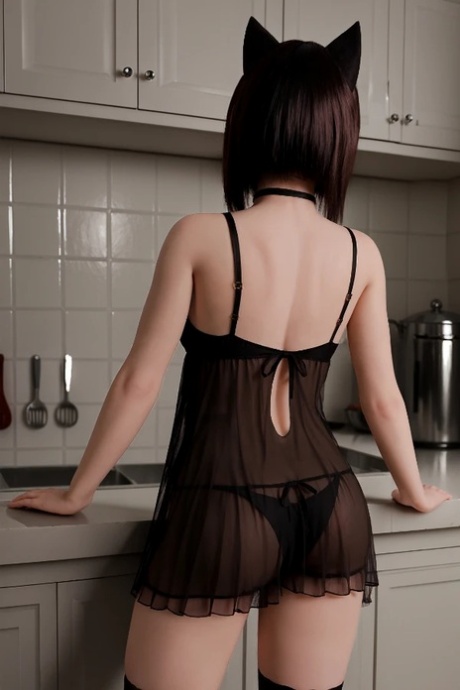 Sexy anime girl removes sexy lingerie to model naked in black stockings