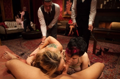 Naughty sex slaves with big tits get tied up and tormented in BDSM sex